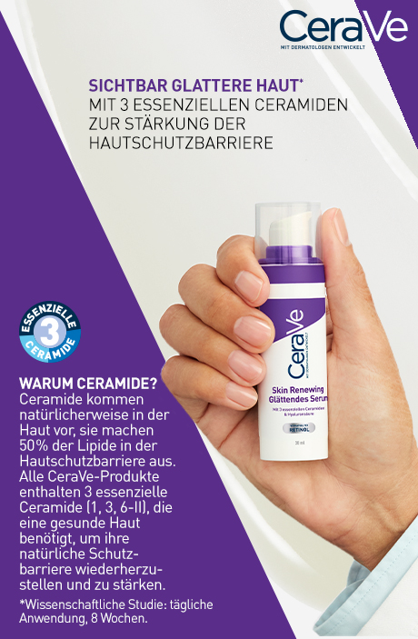 CeraVe Skin Renewing Serum in Hand. Sichtbar glattere Haut. Enthält 3 essenzielle Ceramide.